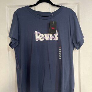 Women's 1x Levi's Navy Blue Logo Crewneck T-shirt with floral text